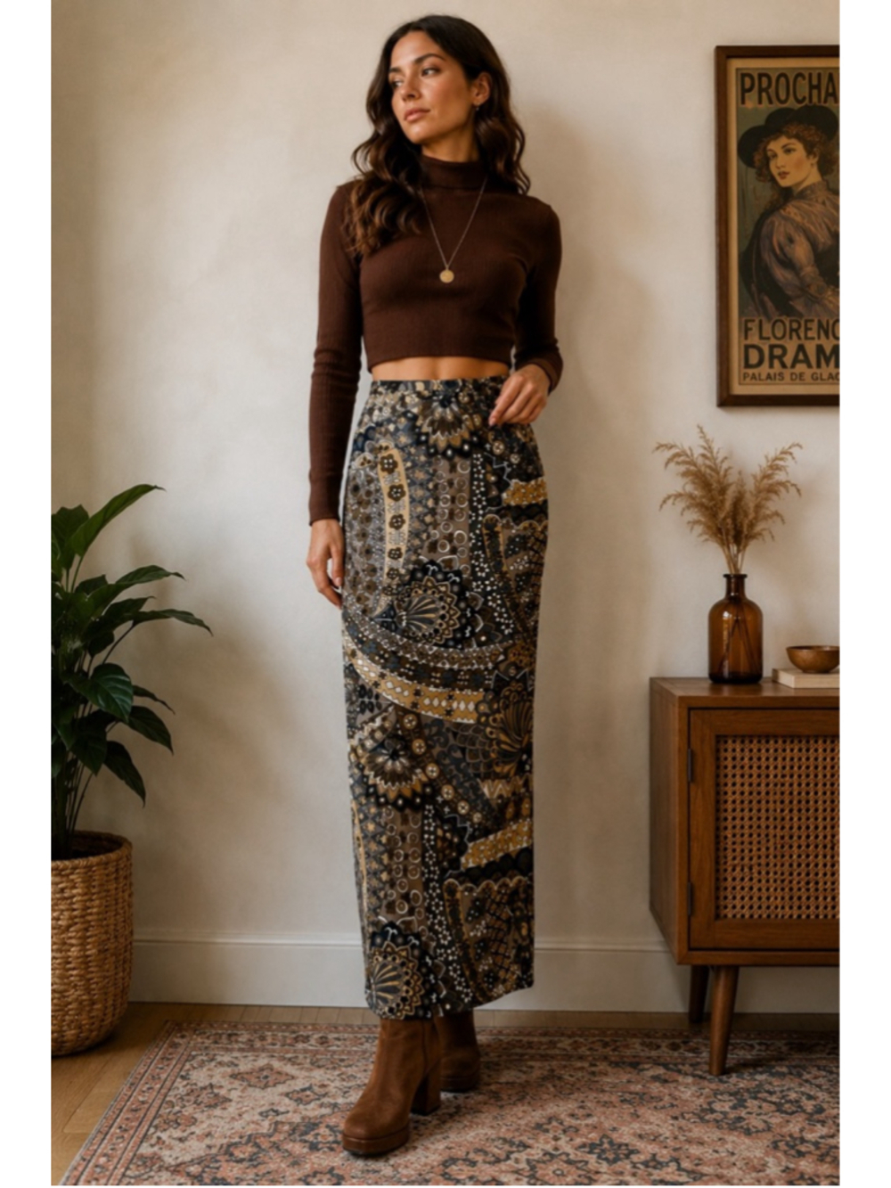 Vintage 70s Psychedelic Patchwork Maxi Skirt Brown Blue Boho Mod Festival Hippie